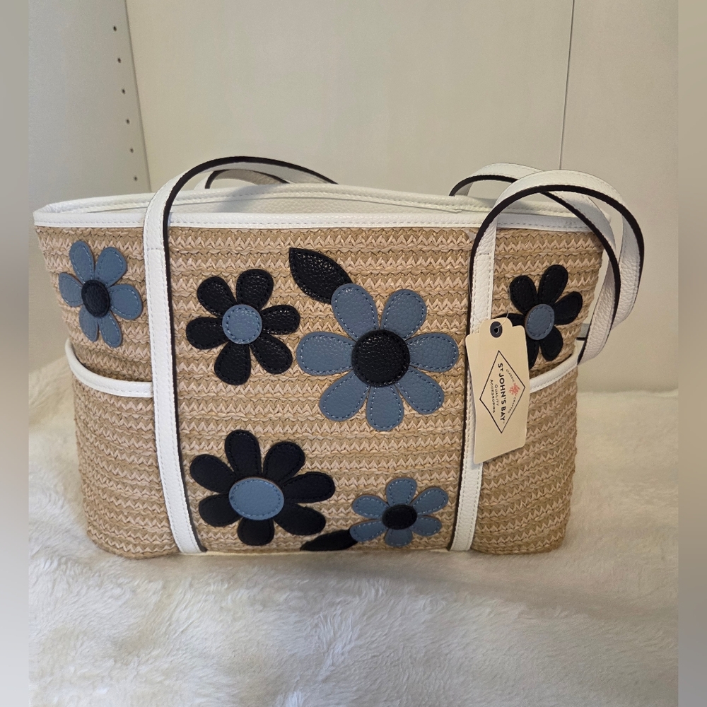 Summer St. John's Bay Tan and Black Tote Bag with Floral Design